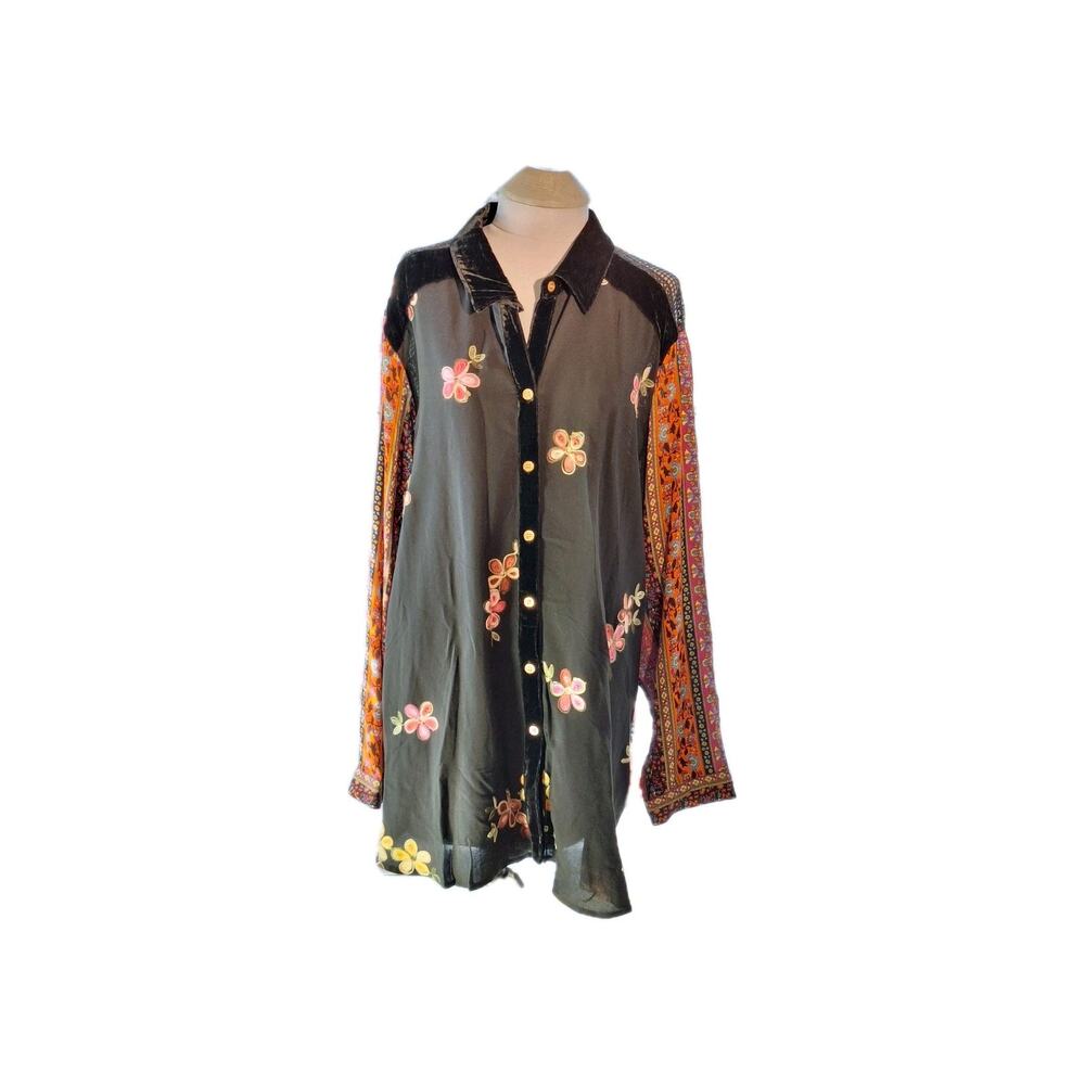 John Mark Size 3x Embroidered Long Sleeve Sheer Button Up Tunic/Blouse Boho